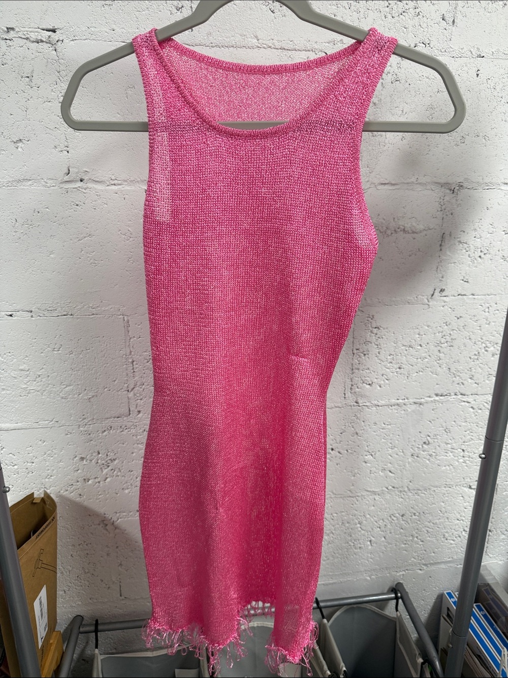 Pink Tank Dress - Cover Up - Size Small - Fringe Bottom Shimmer Pink